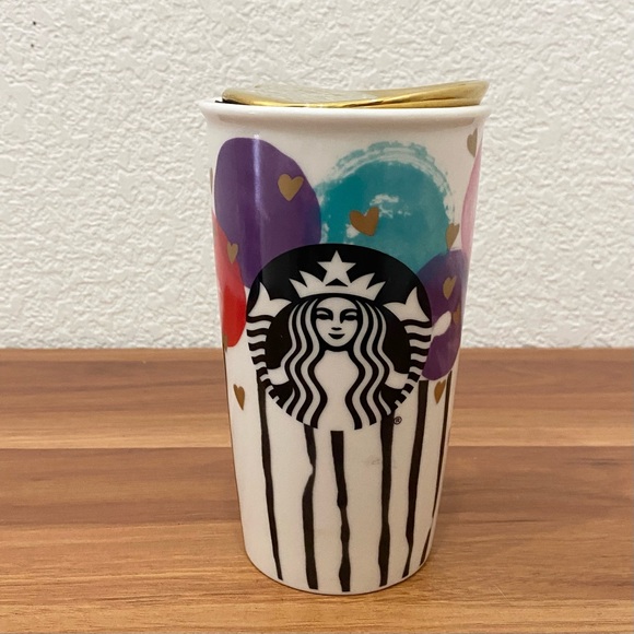 STARBUCKS Valentine Balloons Love & Hearts Ceramic Traveler Tumbler Mug 12oz - Picture 1 of 13